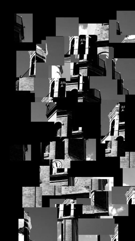 Fragmented black-and-white study of the Cómpeta church tower and clock